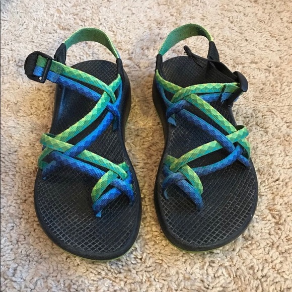 blue and green chacos